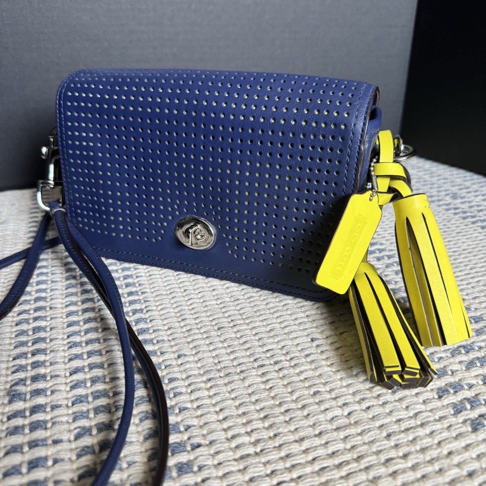 Coach Perforated Leather Penny Shoulder Purse -Navy/Bright Citrine 22377